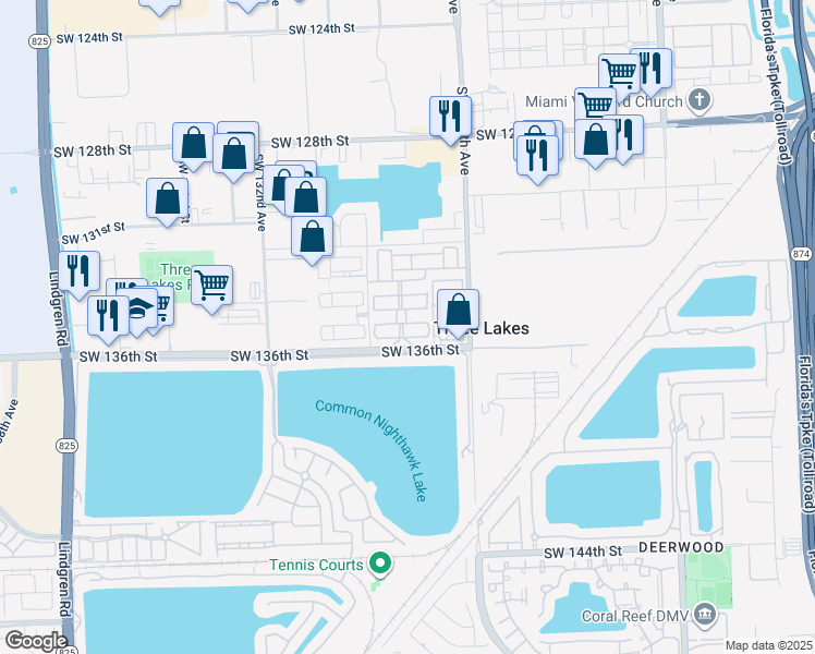 map of restaurants, bars, coffee shops, grocery stores, and more near 12843 Southwest 135th Street in Miami