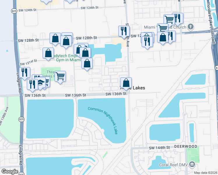 map of restaurants, bars, coffee shops, grocery stores, and more near 12843 Southwest 135th Street in Miami