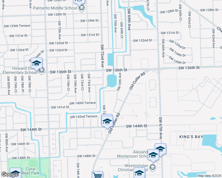 map of restaurants, bars, coffee shops, grocery stores, and more near 7101 Southwest 139th Street in Palmetto Bay