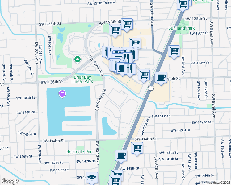 map of restaurants, bars, coffee shops, grocery stores, and more near 9103 SW 137th Terrace in Miami