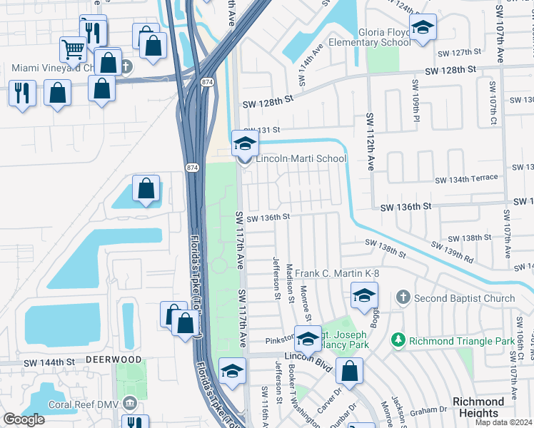 map of restaurants, bars, coffee shops, grocery stores, and more near 13532 Southwest 116th Court in Miami