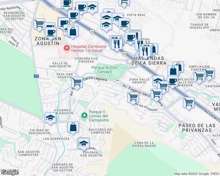 map of restaurants, bars, coffee shops, grocery stores, and more near 29 Carlos Mérida in San Pedro Garza García