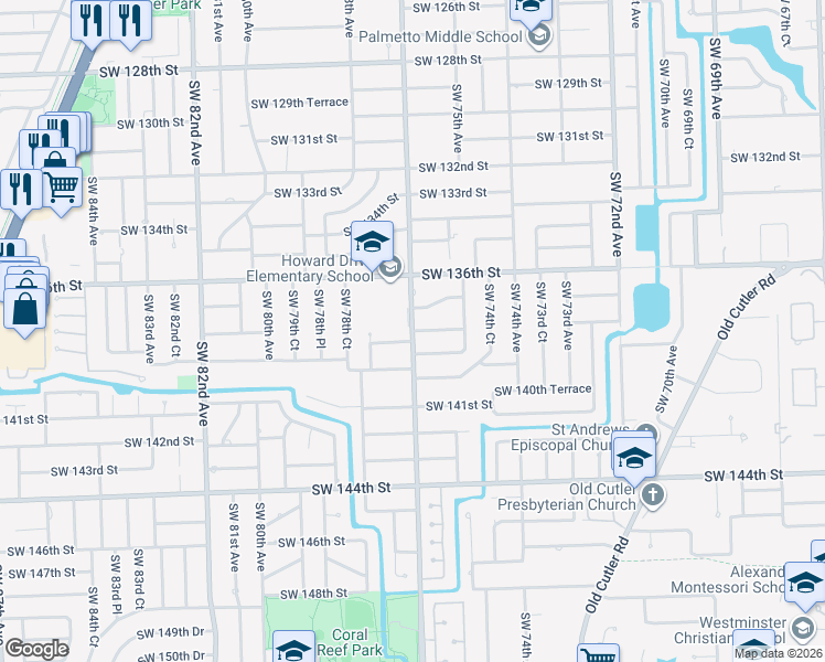 map of restaurants, bars, coffee shops, grocery stores, and more near 7790 Southwest 138th Street in Palmetto Bay