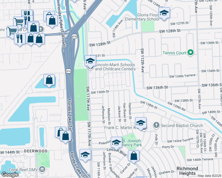 map of restaurants, bars, coffee shops, grocery stores, and more near 13529 Southwest 114th Court in Miami
