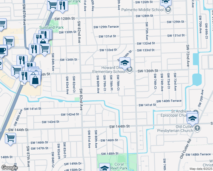 map of restaurants, bars, coffee shops, grocery stores, and more near 13801 Southwest 79th Court in Palmetto Bay