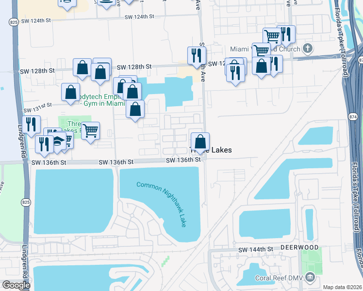 map of restaurants, bars, coffee shops, grocery stores, and more near 12843 Southwest 135th Street in Miami