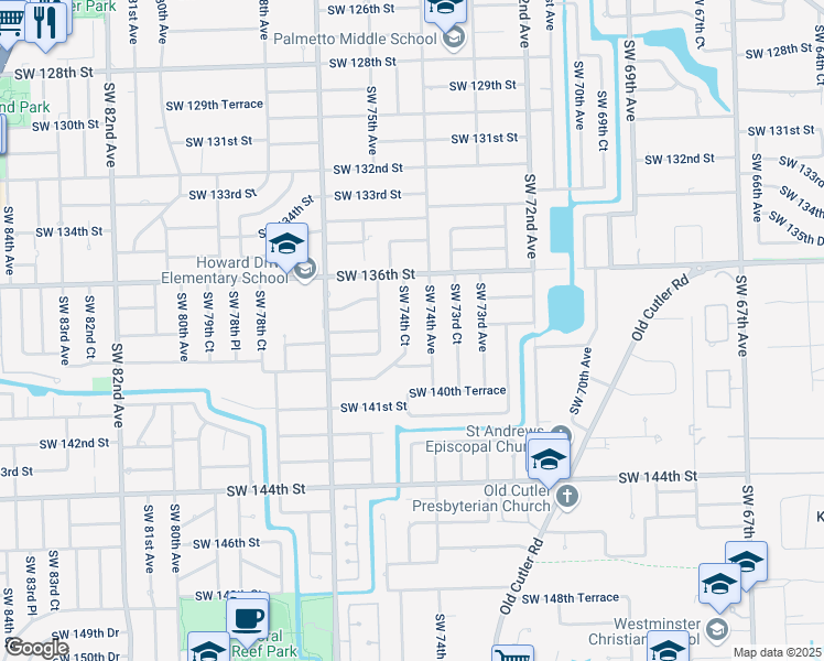 map of restaurants, bars, coffee shops, grocery stores, and more near 13805 Southwest 74th Court in Palmetto Bay
