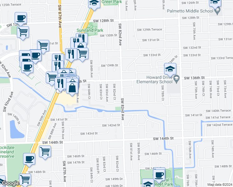 map of restaurants, bars, coffee shops, grocery stores, and more near 13745 Southwest 82nd Court in Palmetto Bay