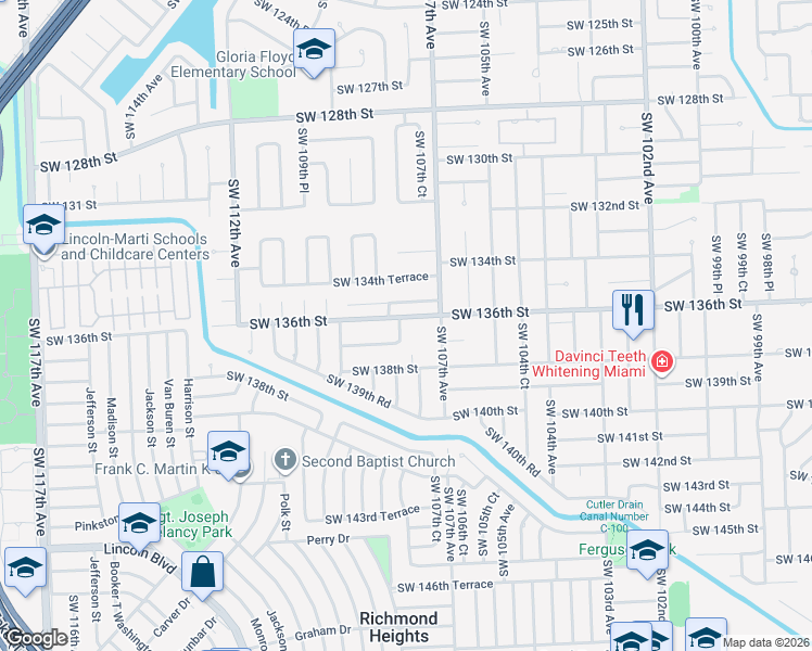 map of restaurants, bars, coffee shops, grocery stores, and more near 13635 Southwest 107th Place in Miami