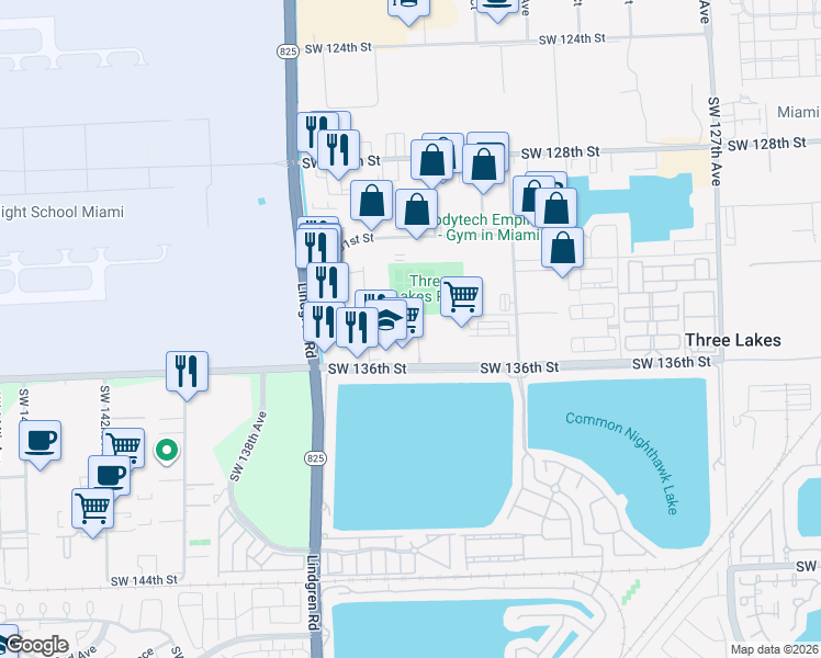 map of restaurants, bars, coffee shops, grocery stores, and more near 13450 Southwest 134th Avenue in Miami