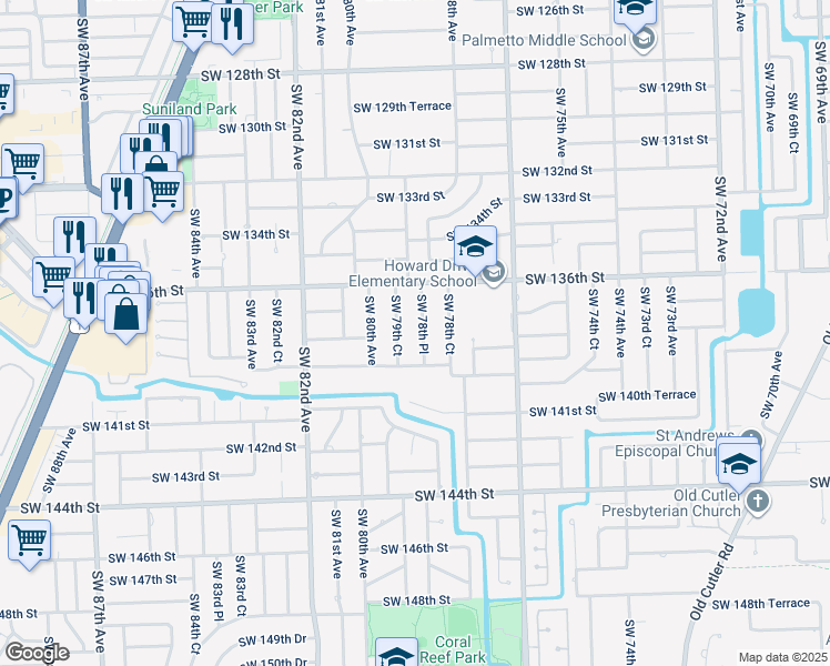map of restaurants, bars, coffee shops, grocery stores, and more near 13801 Southwest 79th Court in Palmetto Bay