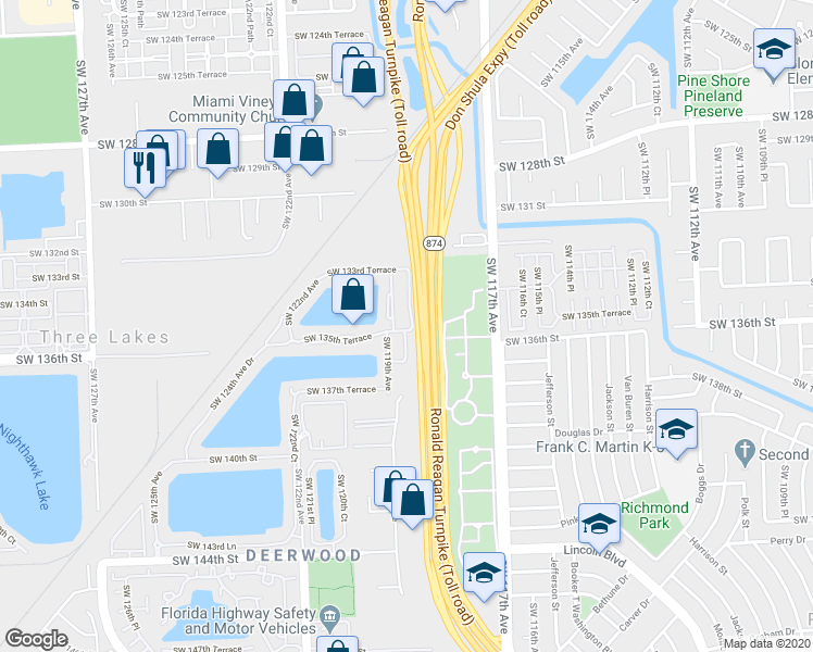 map of restaurants, bars, coffee shops, grocery stores, and more near 13516 Southwest 118th Place in Miami