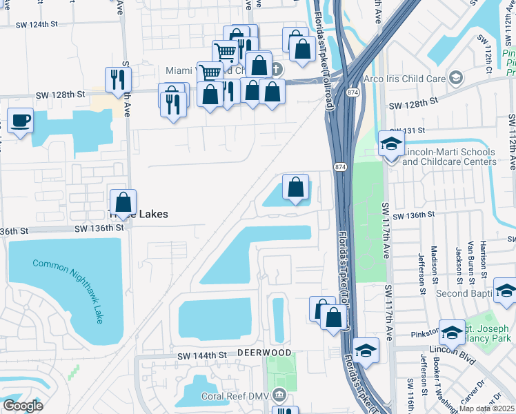 map of restaurants, bars, coffee shops, grocery stores, and more near 13505 Southwest 122nd Avenue in Miami