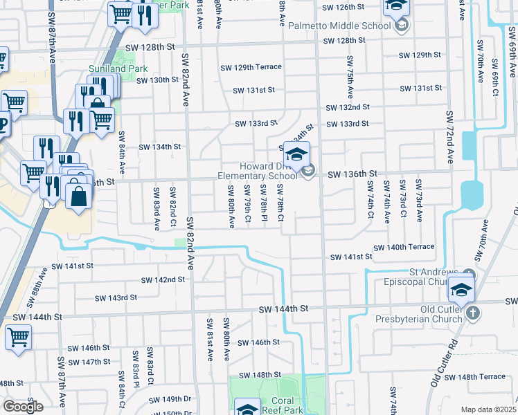 map of restaurants, bars, coffee shops, grocery stores, and more near 13801 Southwest 79th Court in Palmetto Bay