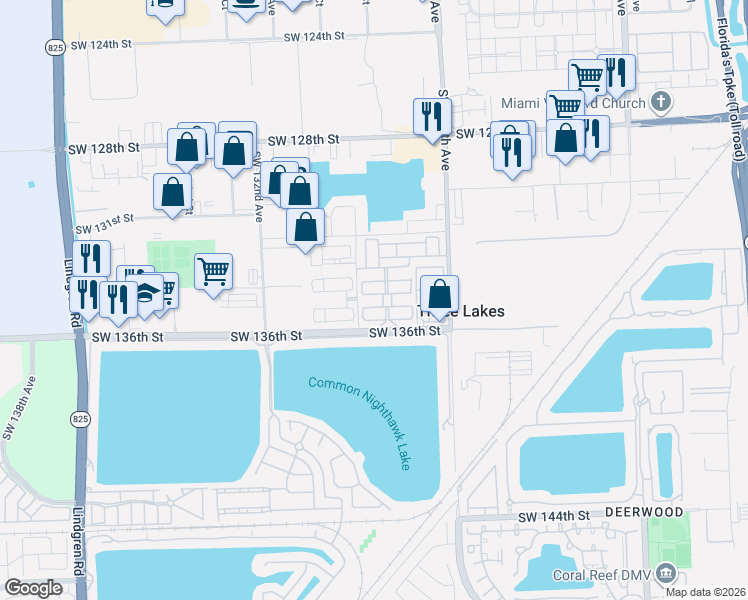 map of restaurants, bars, coffee shops, grocery stores, and more near 12843 Southwest 135th Street in Miami