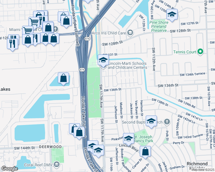 map of restaurants, bars, coffee shops, grocery stores, and more near 13532 Southwest 116th Court in Miami