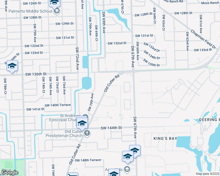 map of restaurants, bars, coffee shops, grocery stores, and more near 13855 Old Cutler Road in Palmetto Bay