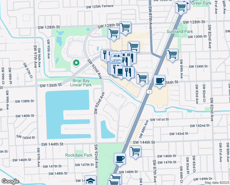 map of restaurants, bars, coffee shops, grocery stores, and more near 9103 SW 137th Terrace in Miami