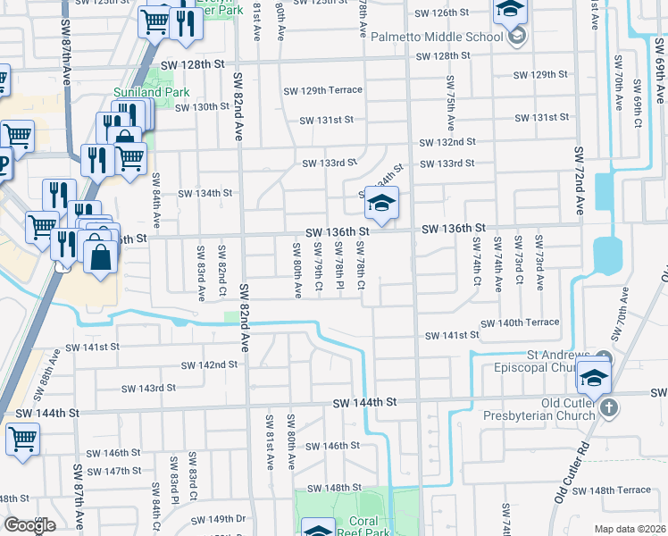 map of restaurants, bars, coffee shops, grocery stores, and more near 13740 Southwest 78th Place in Miami