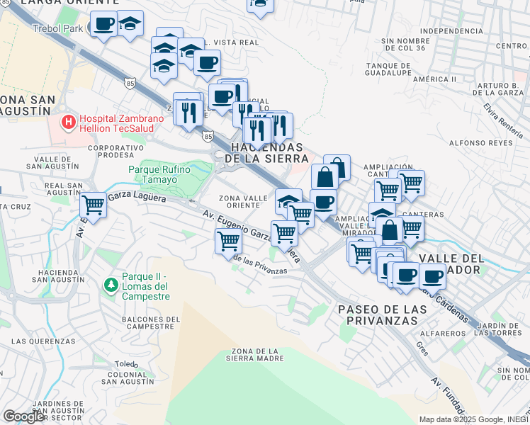 map of restaurants, bars, coffee shops, grocery stores, and more near 103 Jesús Reyes Ferreyra in San Pedro Garza García