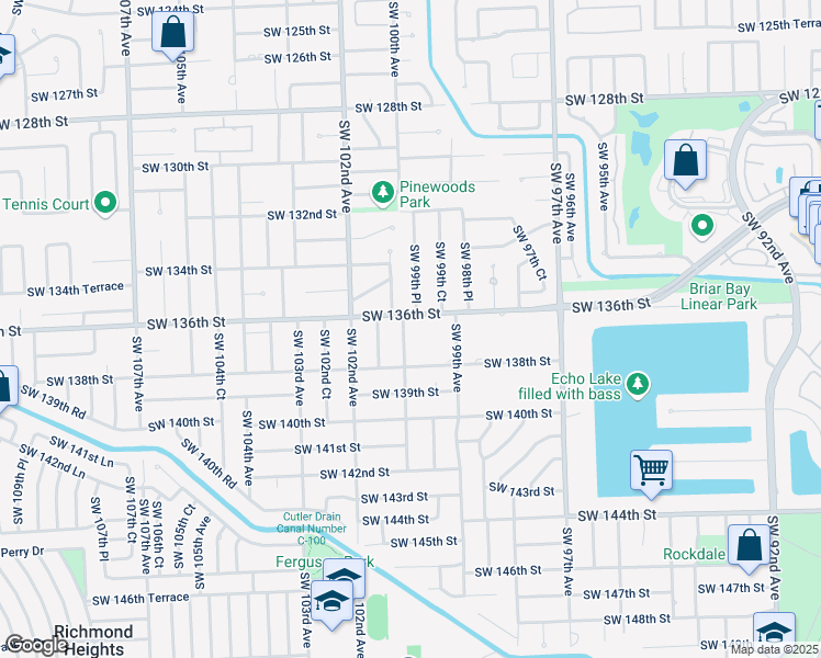 map of restaurants, bars, coffee shops, grocery stores, and more near 13640 Southwest 100th Avenue in Miami