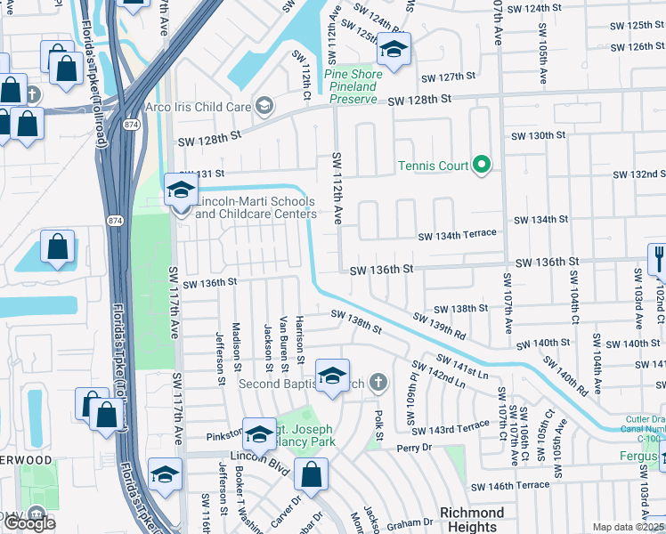 map of restaurants, bars, coffee shops, grocery stores, and more near 11221 Southwest 136th Street in Miami
