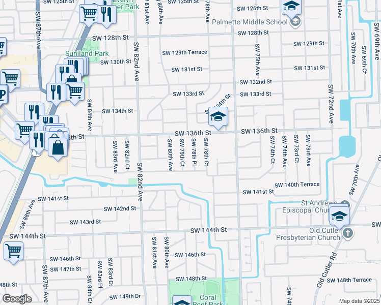 map of restaurants, bars, coffee shops, grocery stores, and more near 13740 Southwest 78th Place in Palmetto Bay