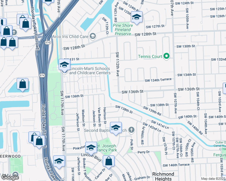map of restaurants, bars, coffee shops, grocery stores, and more near 11221 Southwest 136th Street in Miami