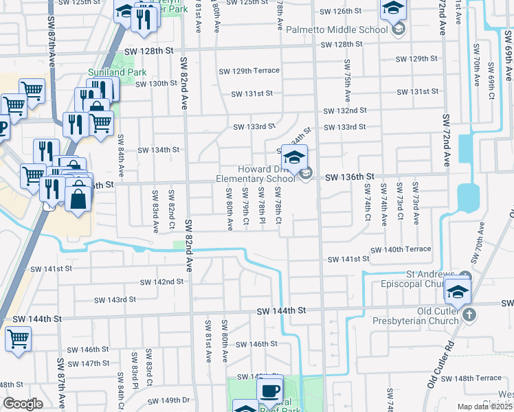 map of restaurants, bars, coffee shops, grocery stores, and more near 13740 Southwest 78th Place in Palmetto Bay