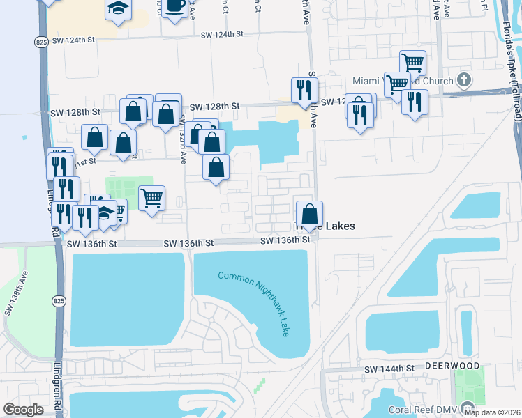 map of restaurants, bars, coffee shops, grocery stores, and more near 12888 Southwest 134th Terrace in Miami