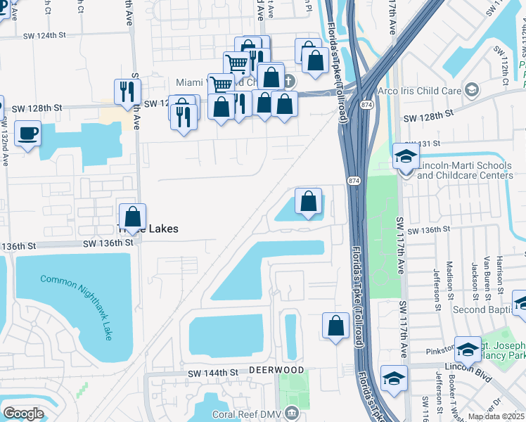 map of restaurants, bars, coffee shops, grocery stores, and more near 13505 Southwest 122nd Avenue in Miami