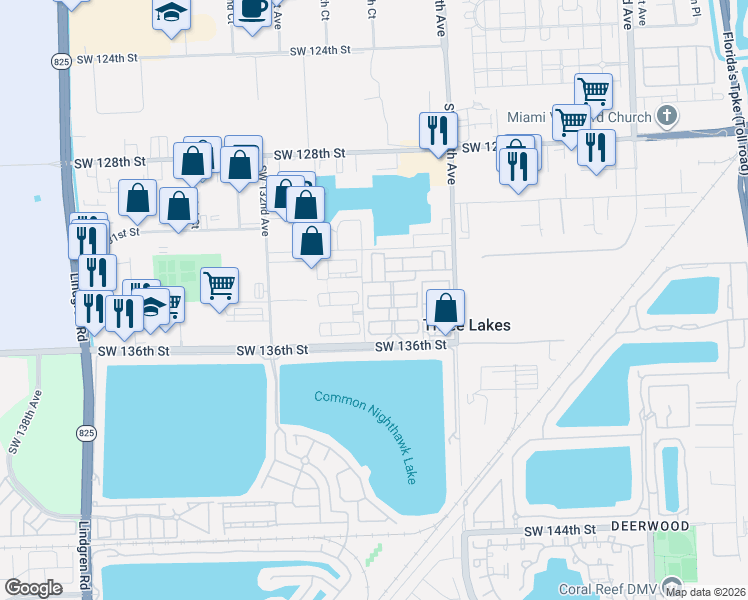 map of restaurants, bars, coffee shops, grocery stores, and more near 12888 Southwest 134th Terrace in Miami