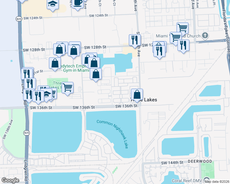 map of restaurants, bars, coffee shops, grocery stores, and more near 12888 Southwest 134th Terrace in Miami
