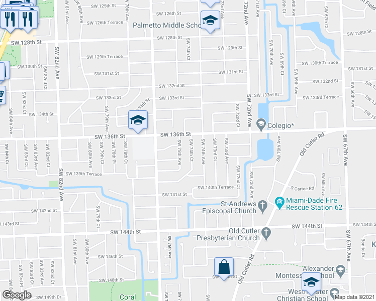 map of restaurants, bars, coffee shops, grocery stores, and more near 13805 Southwest 74th Court in Palmetto Bay