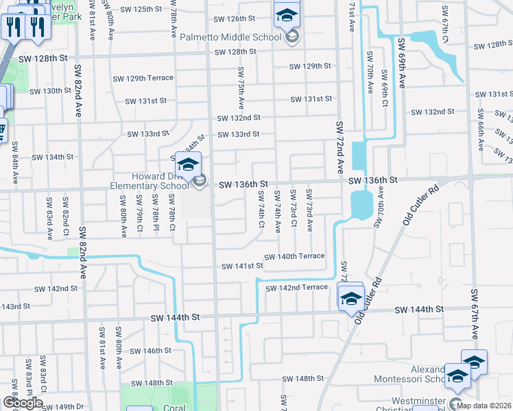 map of restaurants, bars, coffee shops, grocery stores, and more near 13805 Southwest 74th Court in Palmetto Bay