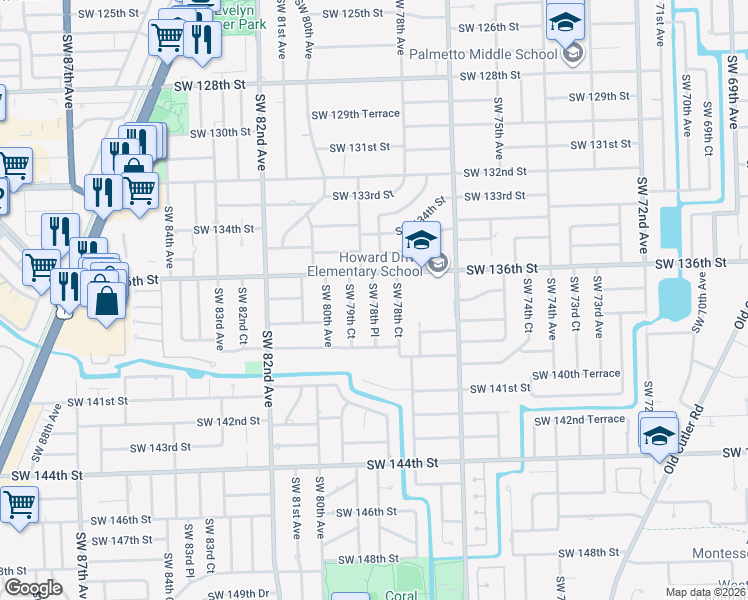 map of restaurants, bars, coffee shops, grocery stores, and more near 13801 Southwest 79th Court in Palmetto Bay