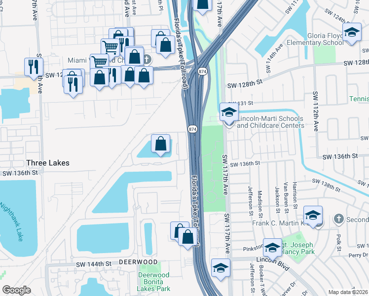 map of restaurants, bars, coffee shops, grocery stores, and more near 13516 Southwest 118th Place in Miami