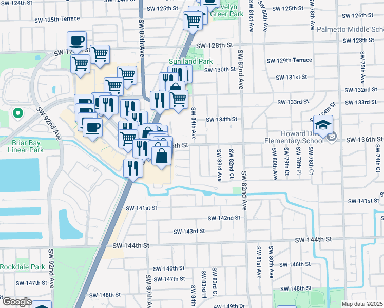 map of restaurants, bars, coffee shops, grocery stores, and more near 13651 Southwest 84th Court in Palmetto Bay