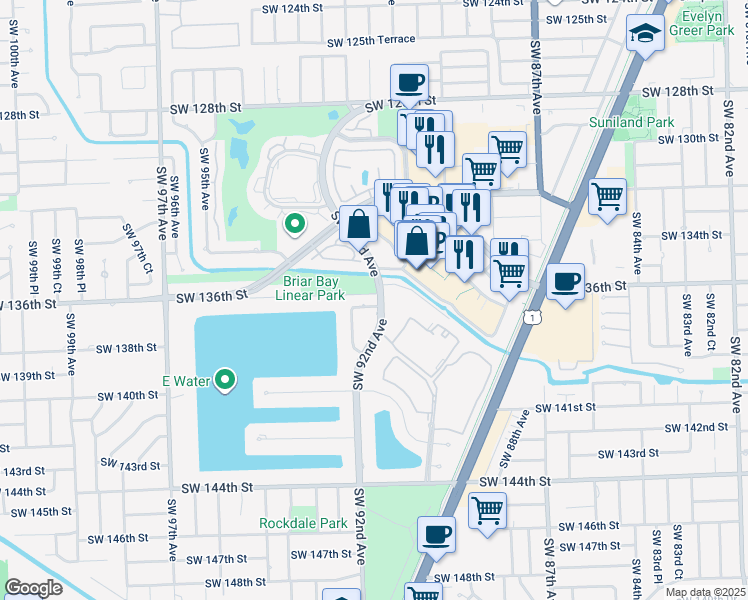 map of restaurants, bars, coffee shops, grocery stores, and more near 9203 Southwest 136th Terrace in Miami