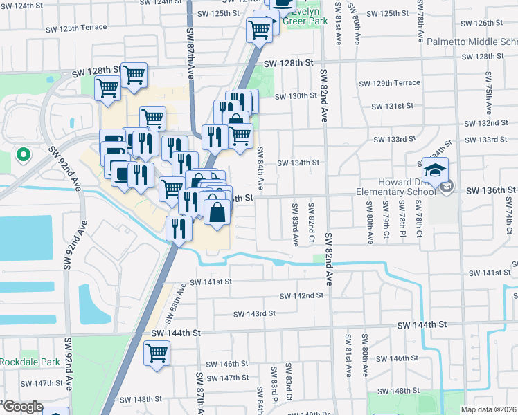 map of restaurants, bars, coffee shops, grocery stores, and more near 8399 Southwest 136th Street in Miami