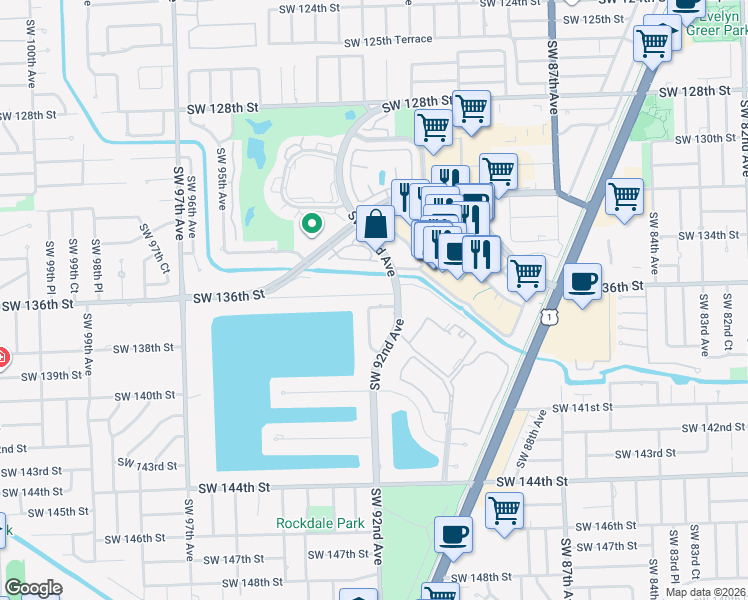 map of restaurants, bars, coffee shops, grocery stores, and more near 9203 Southwest 136th Terrace in Miami