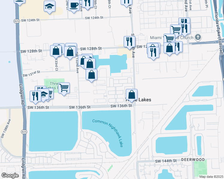 map of restaurants, bars, coffee shops, grocery stores, and more near 12801 Southwest 133rd Terrace in Miami