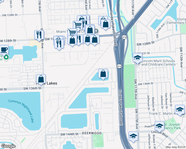 map of restaurants, bars, coffee shops, grocery stores, and more near 13425 Southwest 122nd Avenue in Miami