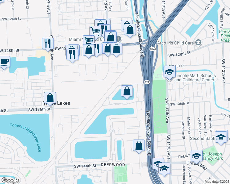 map of restaurants, bars, coffee shops, grocery stores, and more near 12164 Southwest 133rd Terrace in Miami