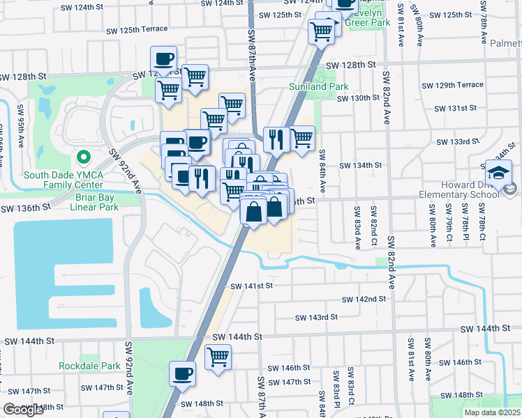 map of restaurants, bars, coffee shops, grocery stores, and more near 13601 South Dixie Highway in Palmetto Bay
