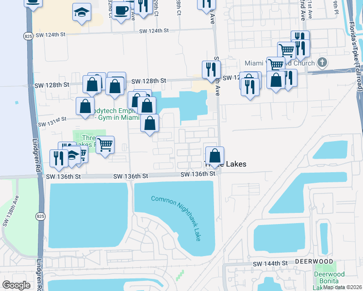 map of restaurants, bars, coffee shops, grocery stores, and more near 12801 Southwest 133rd Terrace in Miami