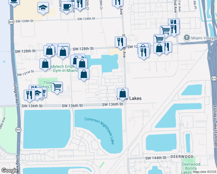 map of restaurants, bars, coffee shops, grocery stores, and more near 12801 Southwest 133rd Terrace in Miami