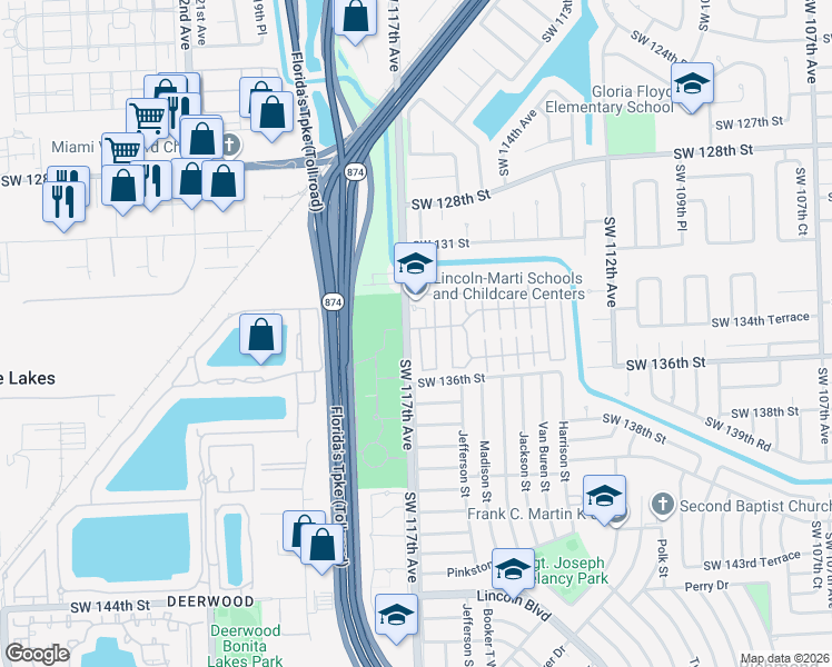 map of restaurants, bars, coffee shops, grocery stores, and more near 13336 Southwest 116th Court in Miami