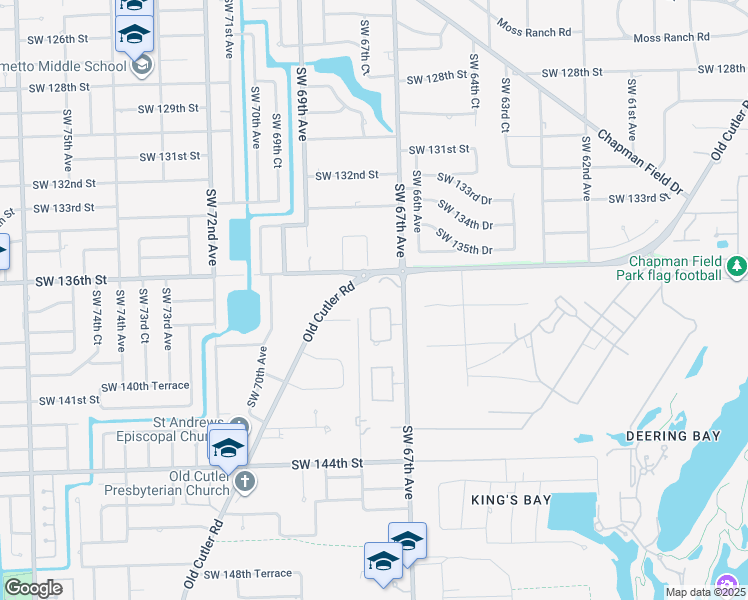 map of restaurants, bars, coffee shops, grocery stores, and more near 13600 Southwest 67th Avenue in Palmetto Bay