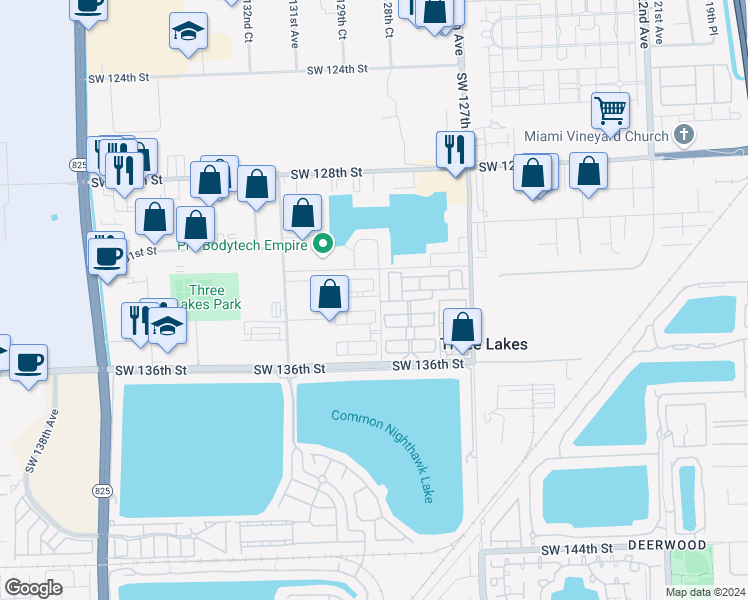 map of restaurants, bars, coffee shops, grocery stores, and more near 12928 Southwest 133rd Street in Miami